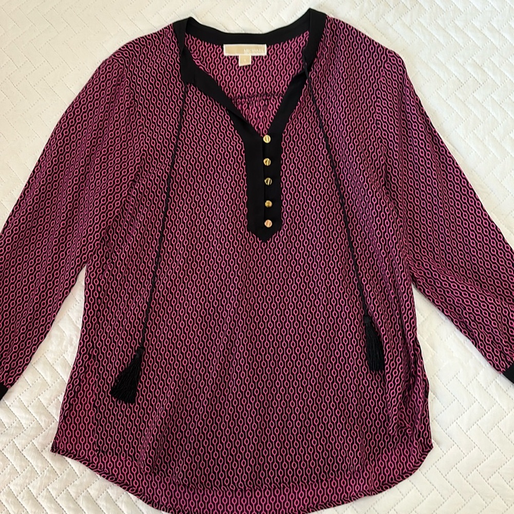Michael Kors pink and black tassel blouse with gold accents